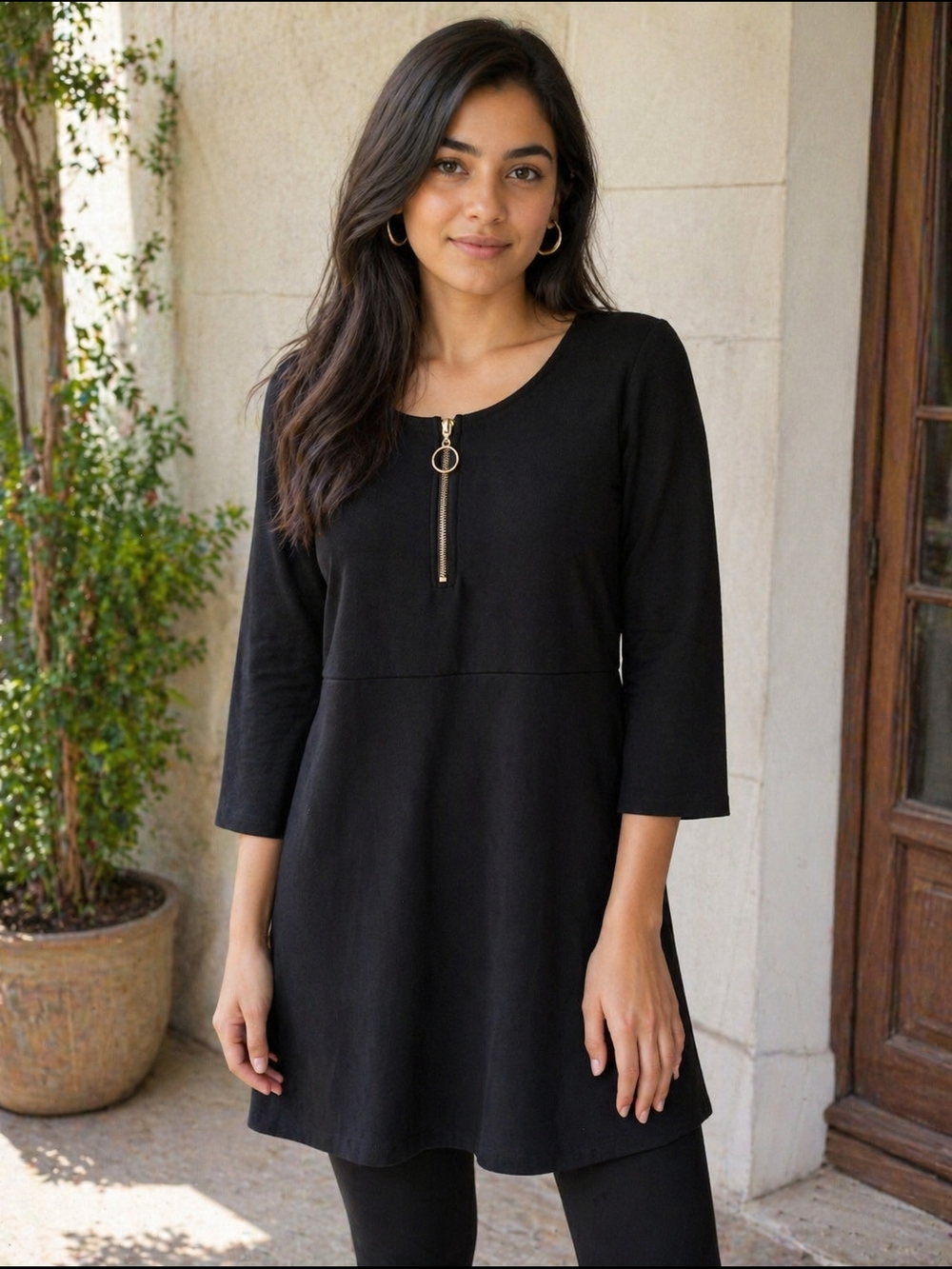 Robert Louis Black Long-Sleeve Zip-Front Tunic Dress